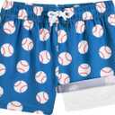 BRISIRA Boys Swim Trunks Bathing Suit Compression Boxer Brief Liner Anti-Chafe Swimsuit Swim Shorts Toddler Kids Youth Teen (10-12 Years, Blue White baseball)