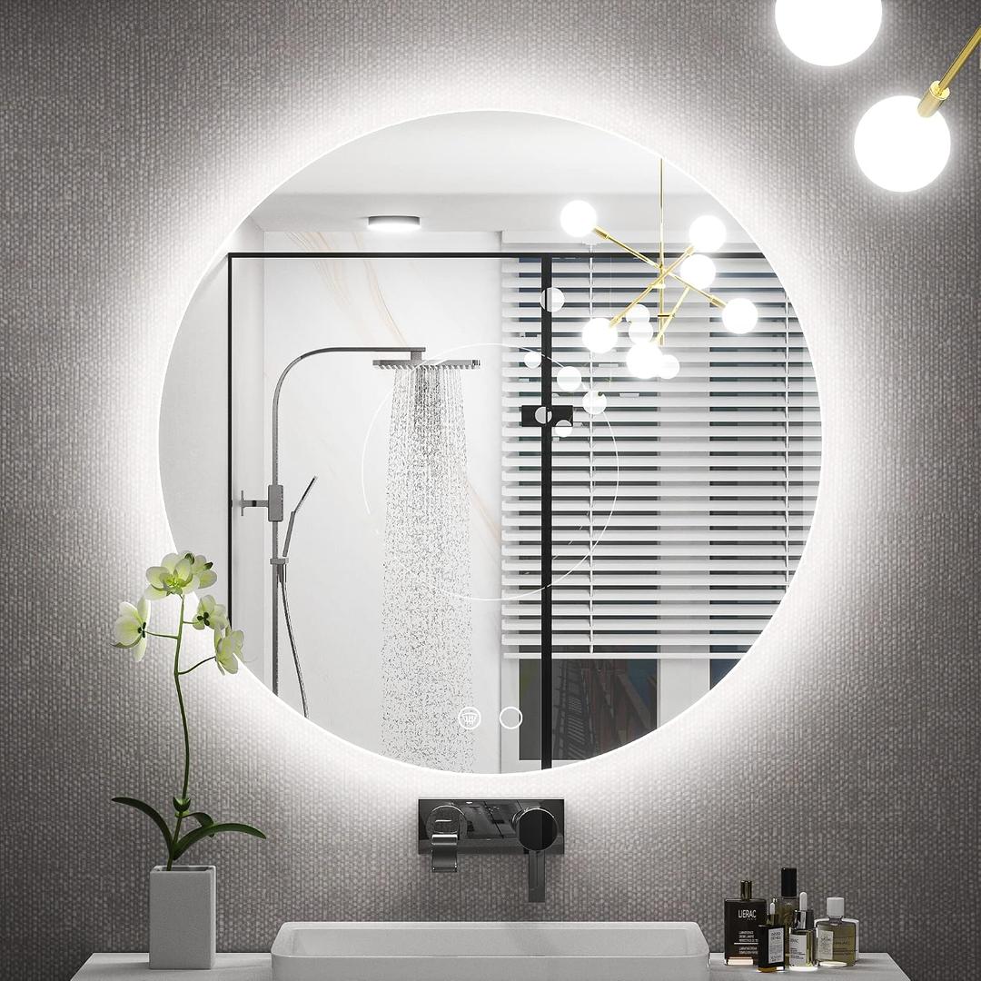 Keonjinn 24 Inch Round LED Mirror for Bathroom, Round Backlit Mirror, UL Listed LED Driver, HD Tempered Glass, 3 Color Lights, Dimmable, Anti-Fog, Small Circle Bathroom Mirrors with Lights