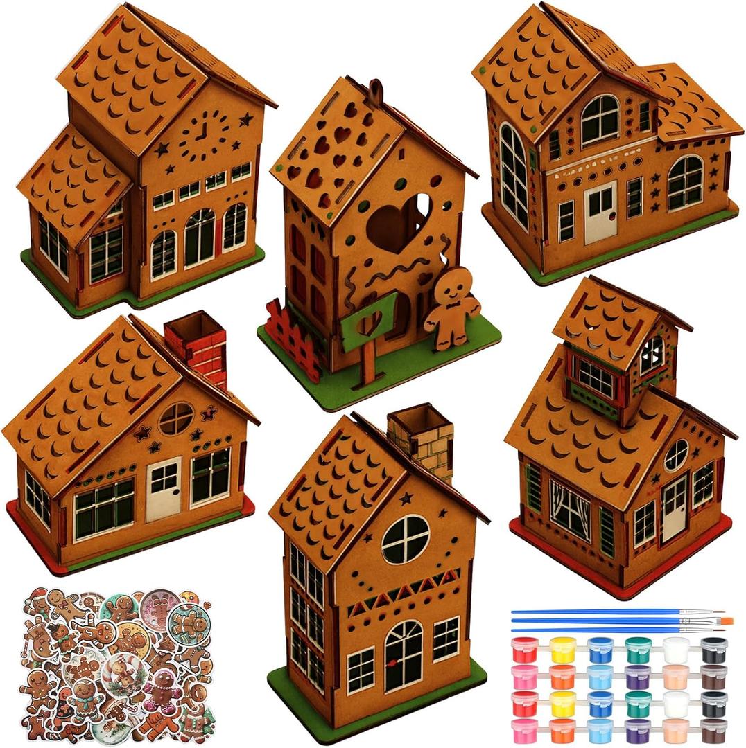 Fullhawl 6 Sets DIY Christmas Gingerbread House Wooden Kit to Build with Paint Paintbrushes and Gingerbread Man Stickers 3D Christmas Tree Ornaments for Fun Craft Activity Creative DIY Art Project