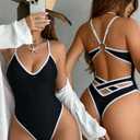 Sexybody Women Sexy Thong One Piece Swimsuits Cheeky V Neck Bathing Suit Slimming High Cut Backless Swim Suits (Black, S)