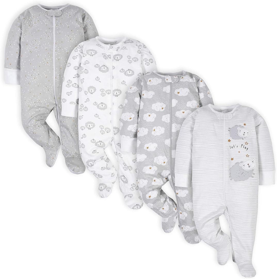 Gerber unisex-baby 4 Pack Sleep 'N Play Footie (0-3 Months, Sheep Grey)