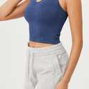 ODODOS Seamless Padded Sports Bra for Women Criss-Cross Back Longline Wirefree Brami Ribbed Crop Tank Tops, Washing Cobalt Blue, Medium-Large (Blue)