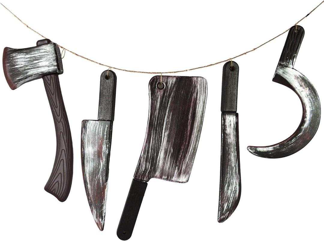 JOYIN 5 Pcs Hanging Halloween Bloody Knife Decorations Indoor, Fake Knife Plastic Fake Knives Weapon, Party Decor Haunted House Fake Blood, Machete Axe Cleaver Sickle for Scary Yard Porch