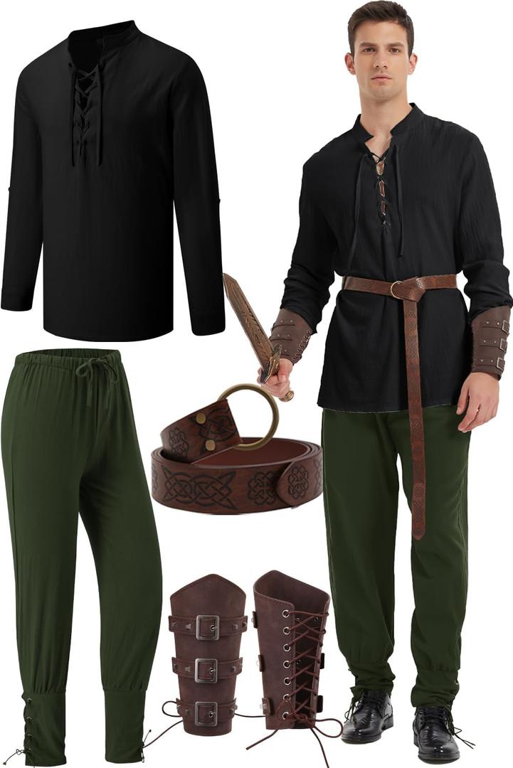 5 Pcs Halloween Men's Renaissance Costume Medieval Pirate Shirt and Pants Viking Costume Accessory Set (Black/Green)
