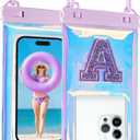 Waterproof Phone Pouch Floating, Fashion Bling Letters Cell Phone Dry Bag for iPhone 16 15 14 13 12 11 Pro Max, Galaxy S25 S24 S23 S22 Ultra Google, Up to 7.5 Inch, Glitter Letter A Iridescent