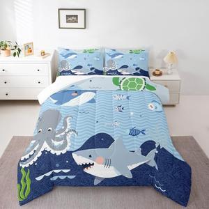 Homewish Shark and Whale Comforter Set,Cartoon Sea Animal Bedding Set for Kids Girls Women,Adults Octopus Turtle Comforter,Underwater World Quilted Duvet Set Bedroom Collection Twin Size 2Pcs, 90 x 68 x 2 in