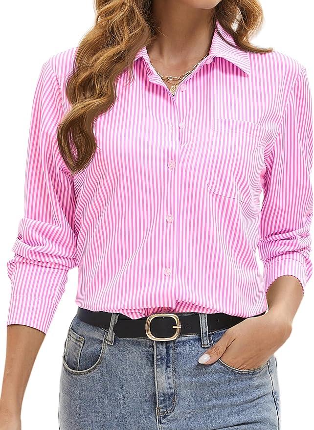 Wrinkle Free Striped Button Down Shirts Women Collared Long Sleeve Blouses Business Work Tops with Pocket
, Medium 