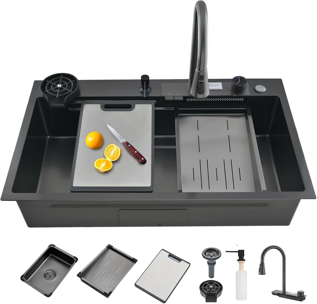 Waterfall Kitchen Sink 34 Inch Drop-in Single Bowl Stainless Steel Multifunctional Kitchen Sink with 2-in-1 Faucet and Accessories (34"x18"), 34"x18"x9"