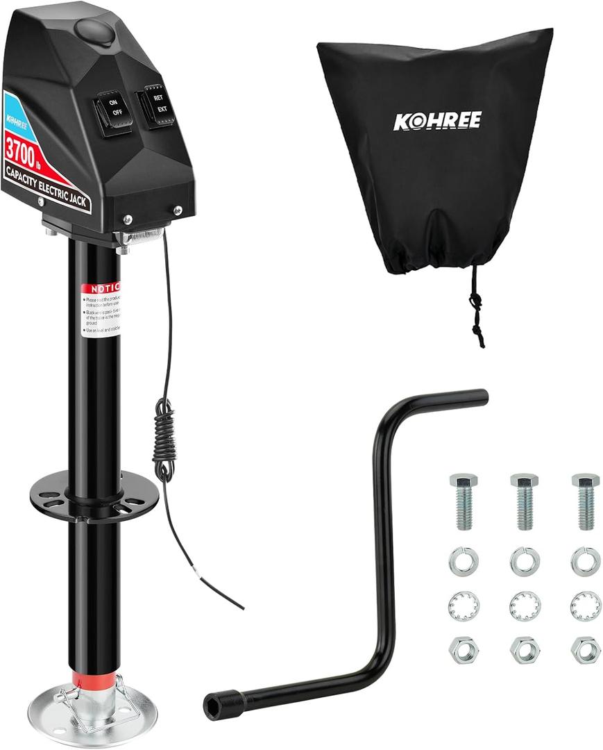 Kohree Electric Trailer Jack 3700-4000lbs, Heavy Duty RV Electric Power Tongue Jack for Travel Trailer A-Frame Camper, with Manual Crank Handle & Weatherproof Jack Cover, 22" Lift, 12V DC Black