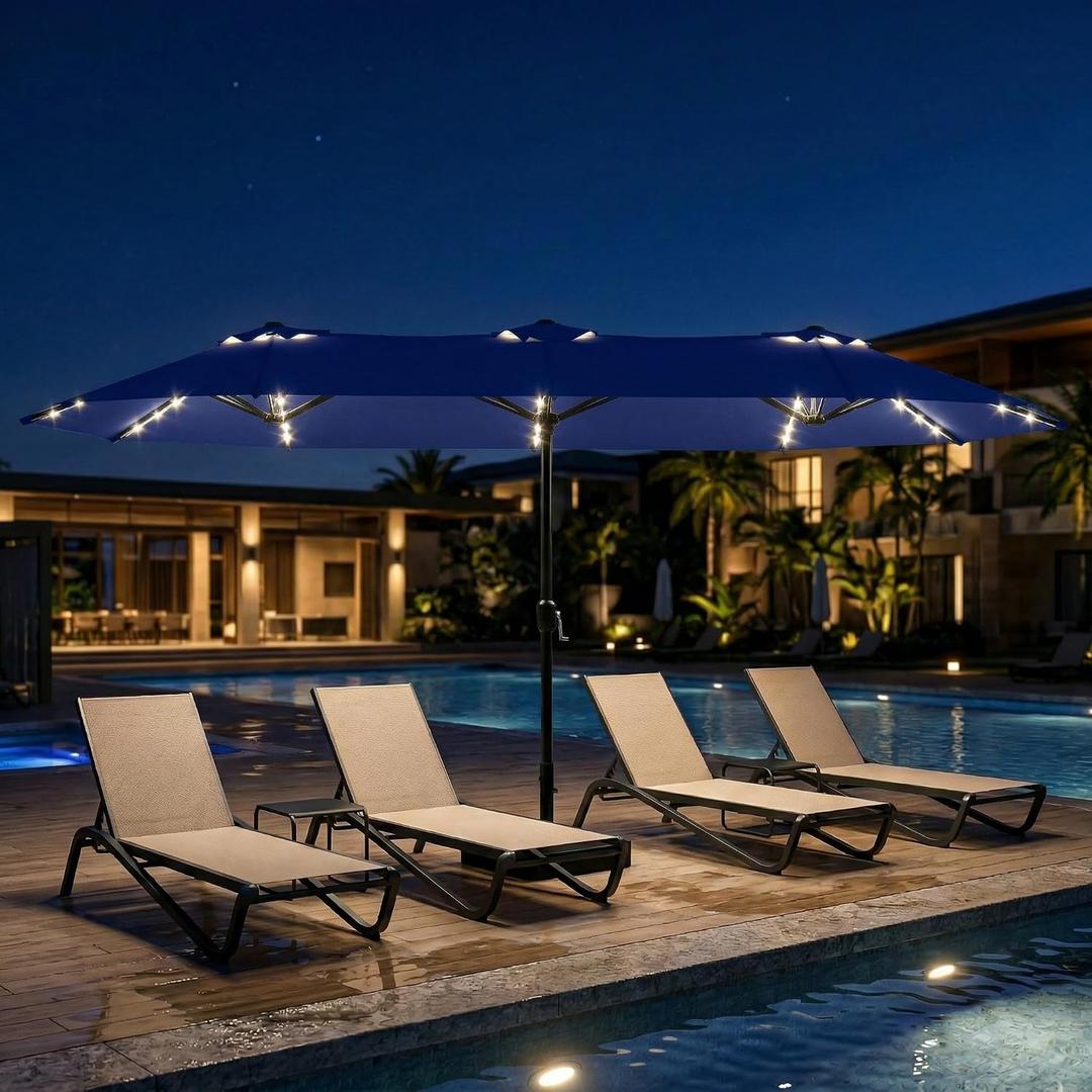 15ft Large Patio Umbrella with Solar Lights and Base, Double-Sided Outdoor Rectangle Umbrella with 48 LED Lights, Market Table Umbrellas with UV Resistant Canopy