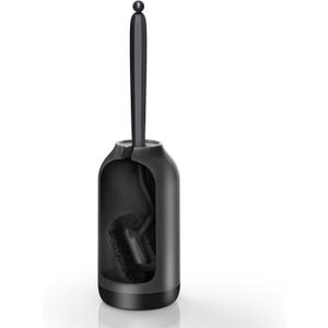 HAMITOR Toilet Bowl Brush Holder Set: Bathroom Deep Cleaning Toilet Cleaner Scrubber Under Rim with Curved Bristle for Dead Corner Clean - Hidden Rv Toilet Decorative Accessories with Caddy- Black (1 pack)