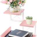 Jolitac Wood Desktop Shelf, Desktop Organizer Office Storage Rack Adjustable Wood Display Shelf 3 Tier Storage Display Rack Office Decor Stand Shelves with Metal Frame (Pink)