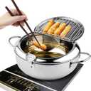 Kerilyn Deep Fryer Pot, 11 Inch/4.2 L Janpanese Style Tempura Frying Pot with Lid, 304 Stainless Steel with Temperature Control and Oil Drip Drainer Rack, for Kitchen French Fries, Chicken etc