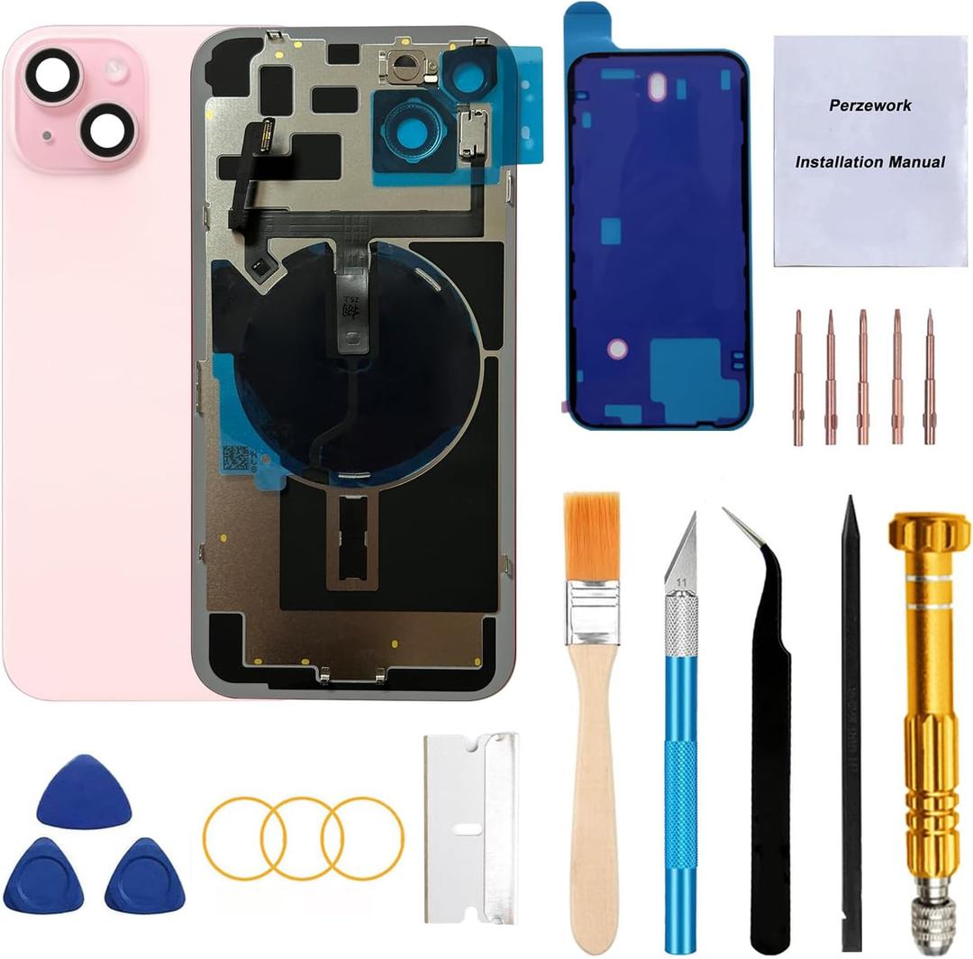 Rear Back Glass Replacement for iPhone 15 Plus 6.7-inches with Reparing Tool Kit and All Necessary Parts (Pink)