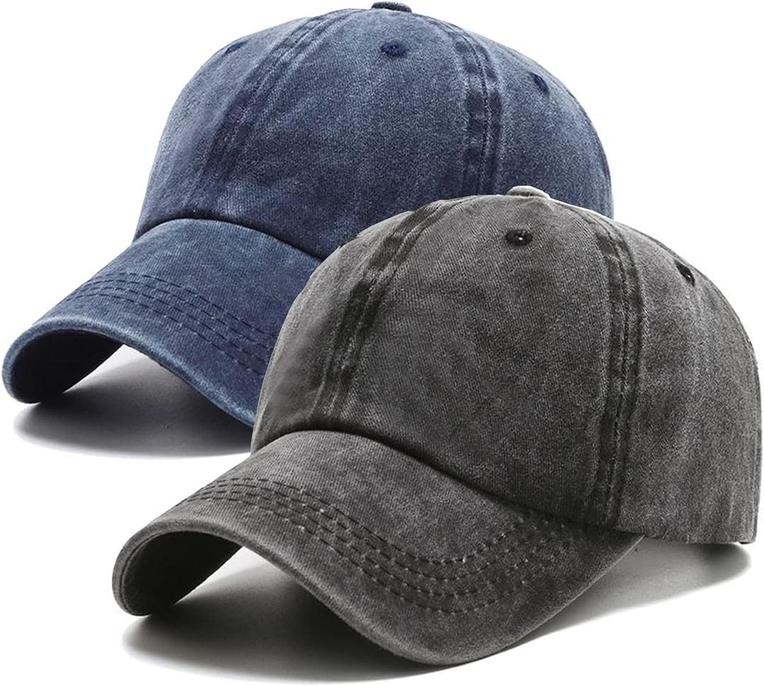 PFFY 2 Packs Vintage Washed Distressed Baseball Cap Dad Golf Hat Black+Blue