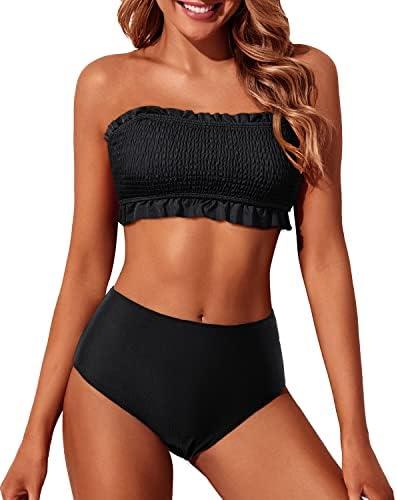 Tempt Me Women Bandeau High Waisted Bikini Sets Smocked Swimsuit Strapless Two Piece Bathing Suit, No Size