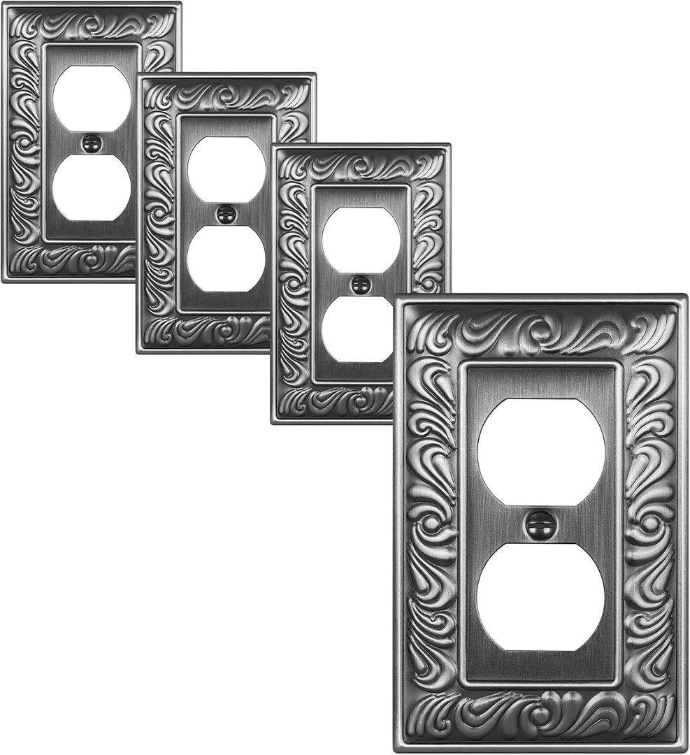 4-Pack Duplex Outlet Cover Plate, Paisley Pattern Antique Silver Metal Wall Plates for Electrical Outlets, 1 Gang Receptacle Cover, Pearls Decorative Switch Plates and Outlet Covers