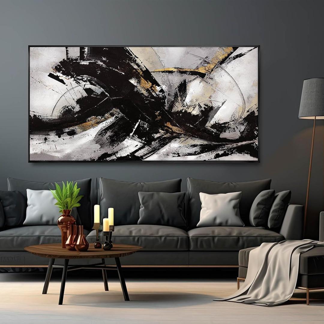 Black Wall Art Abstract Wall Decor for Living Room Framed Wall Art Canvas Art Grunge Artwork Large Office Pictures for Men 24x48