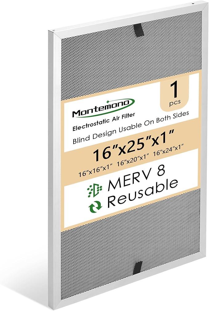 Montemono 16x16x1 Furnace Filter | MERV8 Replacement Aluminum Electrostatic Air Filter Washable HVAC Filter Reusable Furnace Center AC Filters for House, 1 PCS