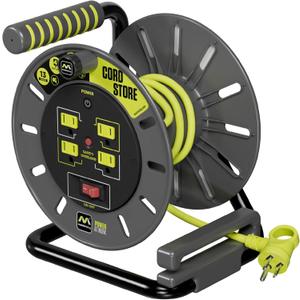 Masterplug 3ft Cord Reel, Retractable Extension Lead with Winding Handle, Safety Overload Circuit Breaker and Power Switch, 4x Grounded Outlets, 13amps, 14AWG Cable