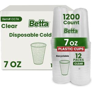 Betta 7-oz Disposable Plastic Drinking Cups, Clear, 1200 Count, Bulk Case for Schools, Offices, Breakrooms and Cafeteria (12 Pack Per Box x100)