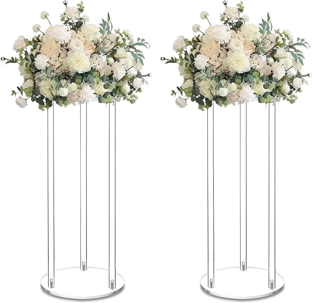 2 Pack 32'' Tall 10'' Dia. Clear Flower Stand Round Wedding Decoration Table Centerpiece Acrylic Floor Vase Decorative Column Props for Floral Arrangement Event Party Decor