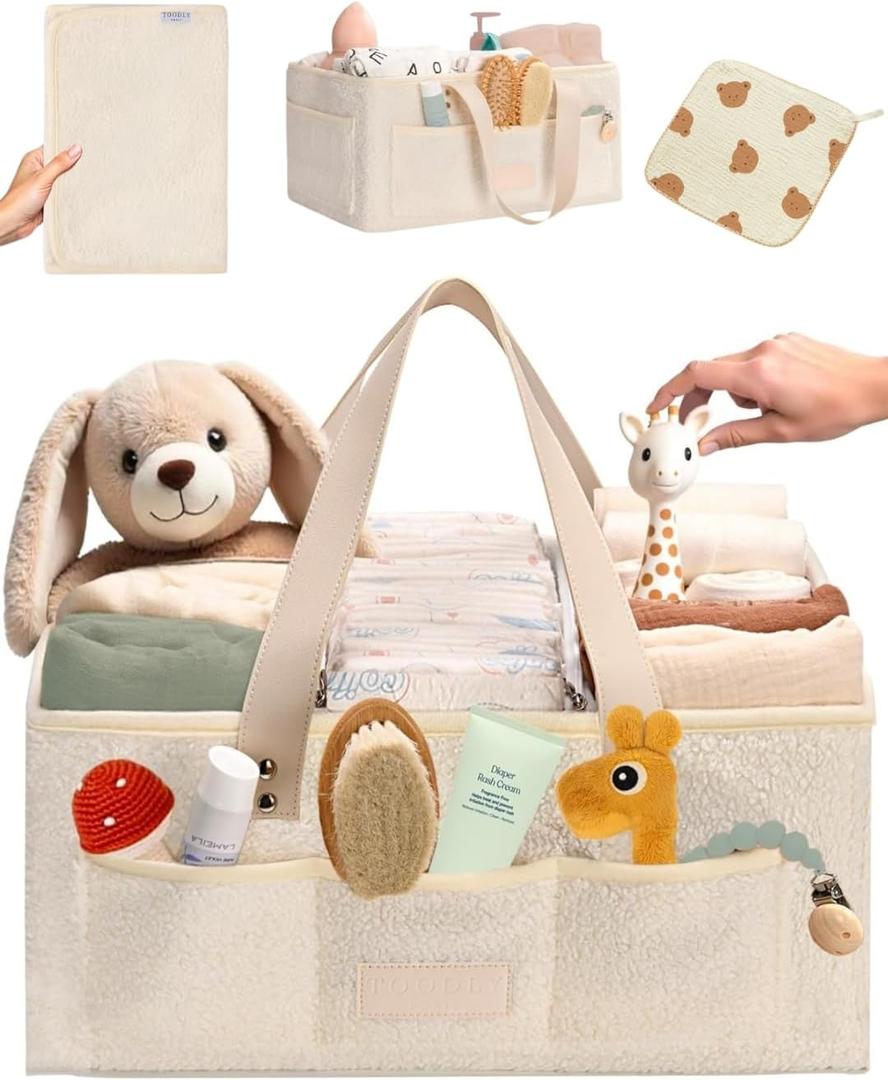 Baby Diaper Caddy Organizer with Portable Changing Mat and Bear Burp Cloth - Teddy Fleece Diaper Organizer for Changing Table - Baby Basket for Diaper Changing Essentials - Beige