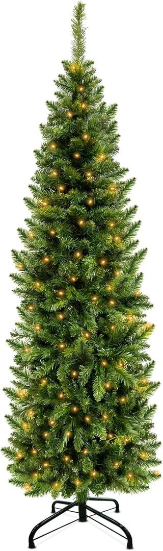 5 Ft Pencil Artificial Christmas Tree with 550 Branch Tips, Spruce Green,180 LED Warm White Lights, Include Metal Stand, UL Plug in, Slim Skinny Xmas Pencil Tree Decor for Holiday Home Indoor Outdoor