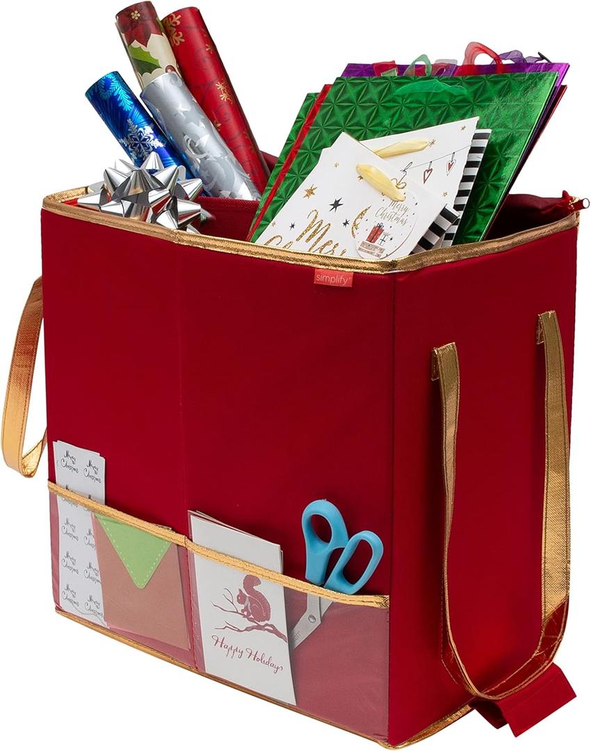 Simplify Gift Bag Organizer | Dimensions: 10.5"x 16"x 16" | Stores Gift Bags | Ribbon | Tissue Paper | Gift Cards | Large Reinforced Handles | Red | Holiday Storage | Collapsible