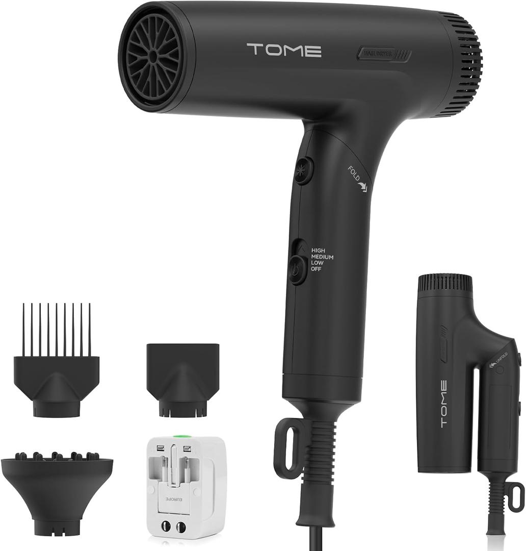 TOME Dual Voltage Travel Hair Dryer, Foldable Blow Dryer, DC Motor, 1200W Fast Drying, Cool Shot, 3 Heat 3 Speed, Nozzle, Diffuser, 120240V Universal Adapter Black