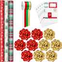 Hallmark Rustic Red and Green Christmas Wrapping Paper Set (90 sq. ft. ttl, 10 Bows, 4 Ribbon Colors, 40 Gift Tag Stickers) Snowflakes, Trees, Plaid, Ensemble