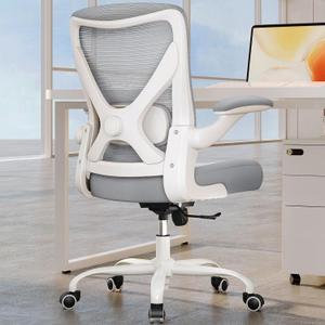 Office Chair Ergonomic Desk Chair Comfy: 330LBS Mesh Computer Chair Ergonomic Gaming Chairs with Wheels Adjustable Lumbar Support and Flip up Armrest-Swivel Executive Chairs Long Hours(White Gray), Pack of 1
