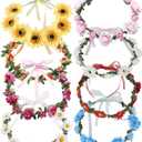Lawie 8 Pack Boho Flower Crowns Floral Wreath With Ribbon Halo Headbands Garland Wedding Bridal Bridesmaid Headpiece Tiara Sunflower Daisy Rose Hairbands Hawaiian Party Accessories for Kids Women Girl