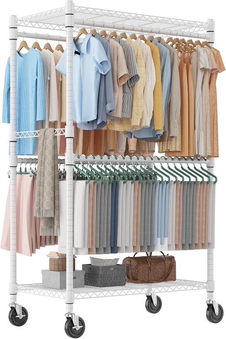 Homdox Heavy Duty Rolling Clothes Rack, Adjustable Clothing Rack for Hanging Clothes, Portable Closet Rack with 4 Hanging Rods, 2 Storage Shelves, 35.5" W x 20.5" D x 80" H, White