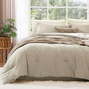 WRENSONGE Oversized Queen Comforter Set - 3 Pieces Prewashed Light Oatmeal Comforter Soft Lightweight for All Seasons,Down Alternative Comforters Oversized Queen Size with 2 Pillow Shams