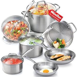 Mueller Pots and Pans Set 11-Piece, Ultra-Clad Pro Stainless Steel Cookware Set, Ergonomic and EverCool Stainless Steel Handle, Includes Saucepans, Skillets, Stockpot, Saute Pan, Steamer