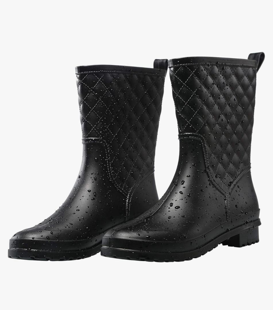 Petrass Women Rain Boots Black Waterproof Mid Calf Lightweight Cute Booties Fashion Out Work Comfortable Garden Shoes 8