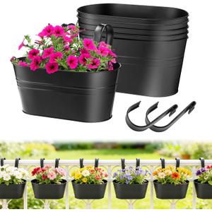 MADHOLLY Railing Planter with Drainage Holes - 6Pcs Sturdy Bucket Pots for Railing Fence, Countryside Style Metal Flower Pots for Herbs Balcony Garden Yard Decor, Black
