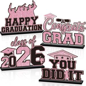 4Pcs Pink Graduation Decorations 2026 Wooden Table Centerpieces Congrats Grad Table Toppers Decor Class of 2026 Tiered Tray Decor for Graduation Party Decorations