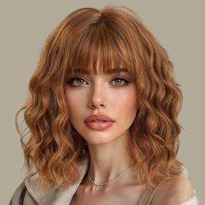 AISI HAIR Synthetic Wavy Curly Bob Wig with Bangs Cooper Blonde Short Wavy Hair for Women Synthetic Heat Resistant Bob Wigs