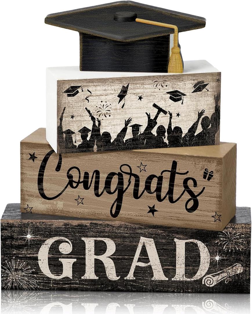 CroBlissful 4 Pcs Graduation Table Decorations Graduation Tiered Tray Decorations Class of 2026 Congrats Grad Wooden Block Centerpiece Sign Farmhouse Congratulate Gifts for Tabletop Home Shelf Office