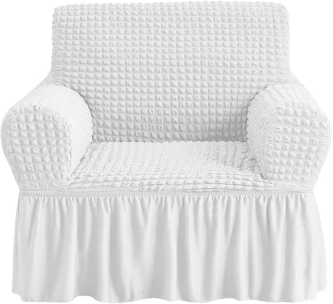 NICEEC Armchair Slipcover White Armchair Covers 1 Piece Easy Fitted Sofa Couch Cover Universal High Stretchable Durable Furniture Protector with Skirt Country Style (1 Seater White) (Small, White)