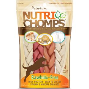 NutriChomps Dog Chews, 6-inch Braids, Easy to Digest, Rawhide-Free Dog Treats, Healthy, Real Chicken, Peanut Butter and Milk flavors, Pack of 4 (EXP 05/29/27)