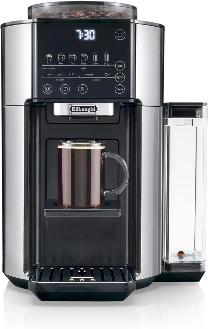 De'Longhi True Brew Drip Coffee Maker, Built in Grinder, Single Serve, 8 oz to 24 oz, Hot or Iced Coffee, Stainless, CAM51025MB