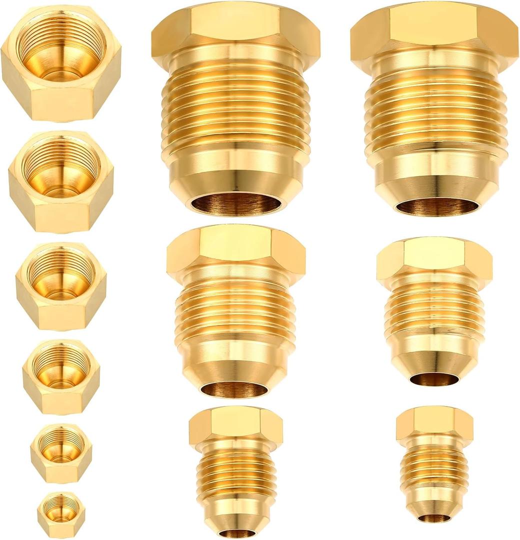 6 Pcs Brass Flare Plug SAE 45 Degree Flare Tube Fitting Seal Plugs 6 Pcs Brass Cap Assortment Kits for 1/4" 5/16" 3/8" 1/2" 5/8" 3/4" Tube OD 6 Sizes Set