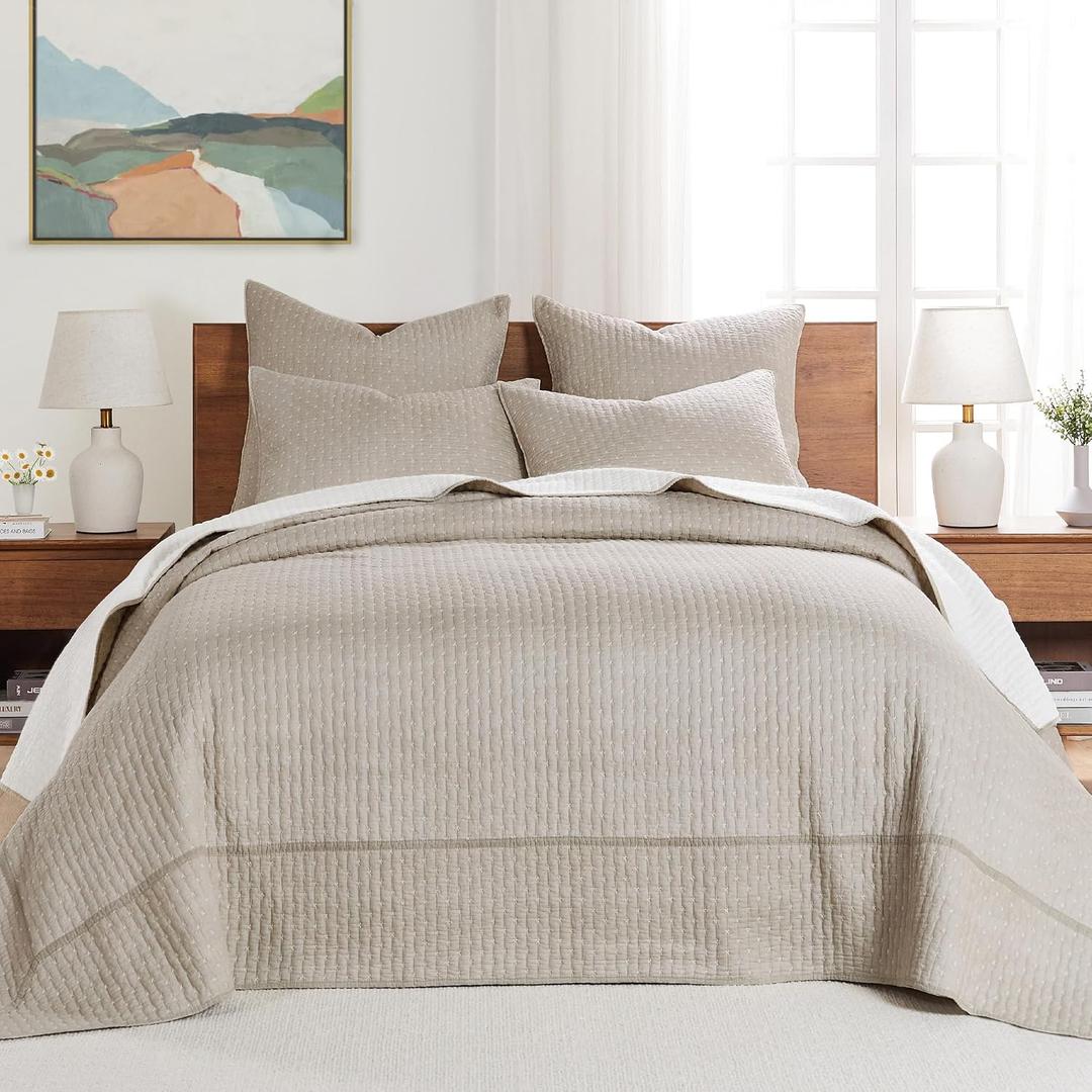 Levtex Home Cross Stitch Reversible King Bedspread Set (120x104in) with 2 Pillow Shams (36x20in) - Stitch Texture - Taupe - Cotton King Size Bedspread Set - Soft, Pre-Washed