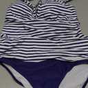 ZAFUL 2025 Swim Suits for Women Tankini Tummy Control Swimsuits Bathing Suit Two Piece Swimsuit Split Neck Bathing Suits Blue Stripe M