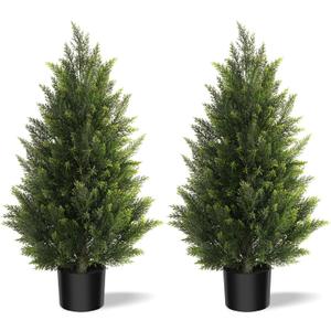 Outdoor Artificial Cedar Topiary Tree 3FT Tall 2 Set, Faux Evergreen Shrubs for Front Porch Decor, Lifelike Fake Bushes Plants for Home Living Room Front Door Decor