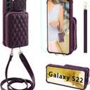 MONASAY Zipper Wallet Case Fit for Galaxy S22 5G 6.1in, [Screen Protector ][RFID Blocking] Flip Leather Handbag Phone Cover with Card Holder Crossbody Shoulder Lanyard Strap, Purple