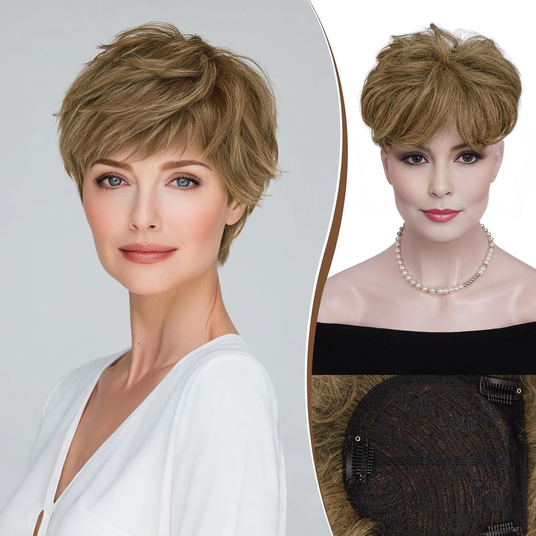 RUWISS Short Hair Toppers for Women Real Human Hair, 5x5.5 Base Pixie Cut with Bangs, Light brownBrown with 35% Blonde (H6269B)